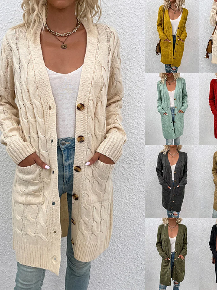 

Long Knitted Sweater Women's New Sle Autumn Winter Thiened Button Cardigan Twist Yarn Women's Faion Slim Fit Knitwear