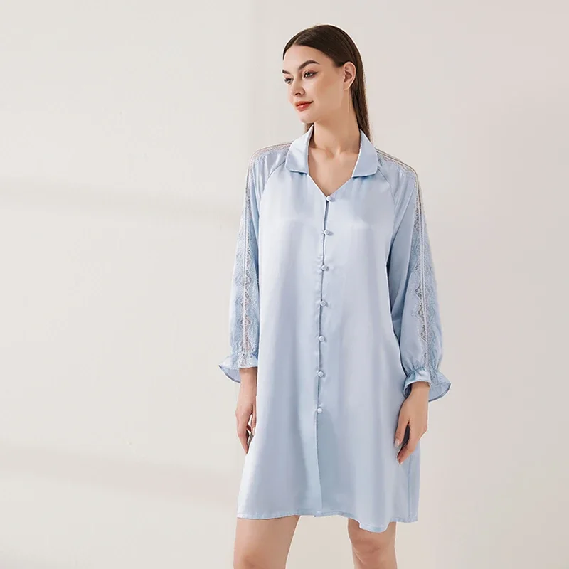 

19 мм 100% шелковая сорочка шелковицы, ночная рубашка, платье-рубашка с длинными рукавами и кружевной отделкой, элегантный кардиган с лацканами, пижамная ночная рубашка, ночная рубашка