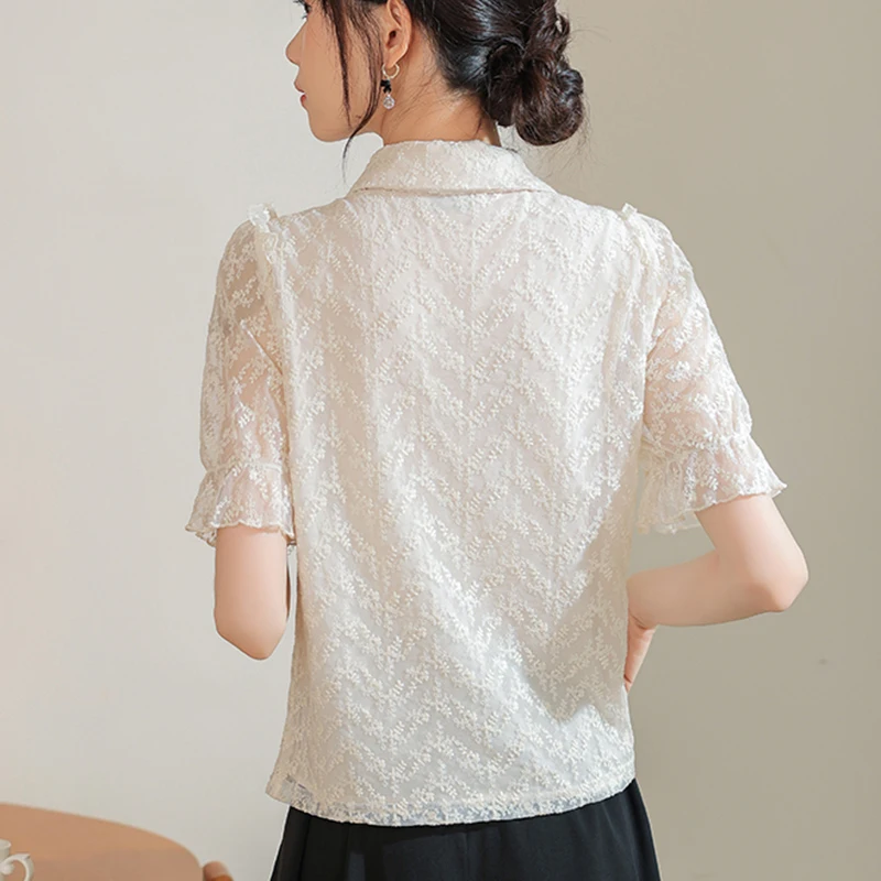 New 2024 Summer Lace Blouse For Women Short Puff Sleeve Beige Color See-through Elegant Tops Chinese Style Shirts & Blouses