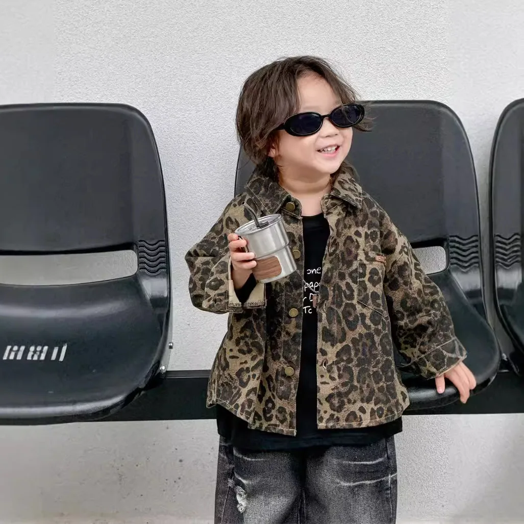 Boy Autumn Version Children\'s Clothing Soft Pure Cotton Flip Collar 2024 Autumn New Collection Cool Leopard Print Jacket