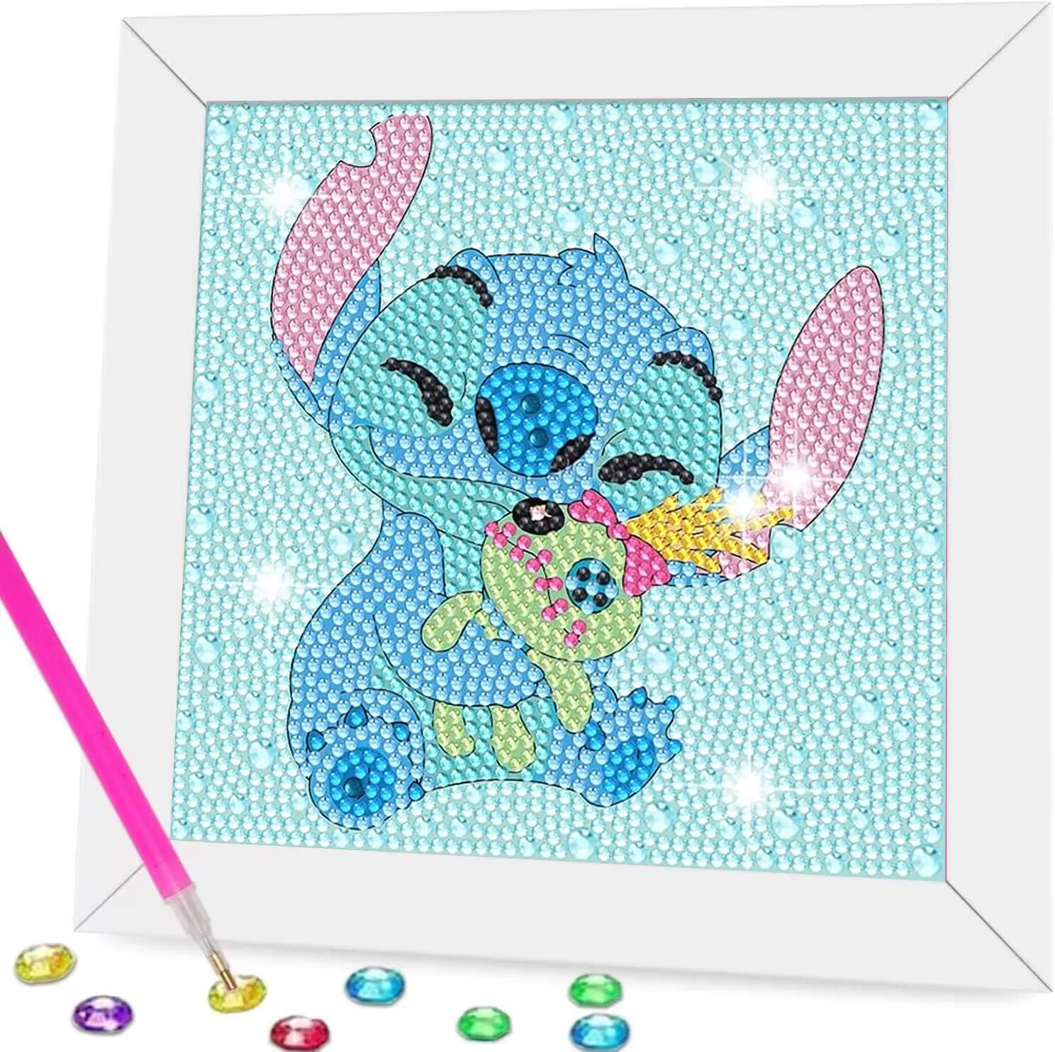 18x18cm With White Frame 5D Full Round Drill Diamond Painting Kit Cute Big Ears Blue Alien Pet Boba Milk Tea Cyan Bubble Backgro view 4