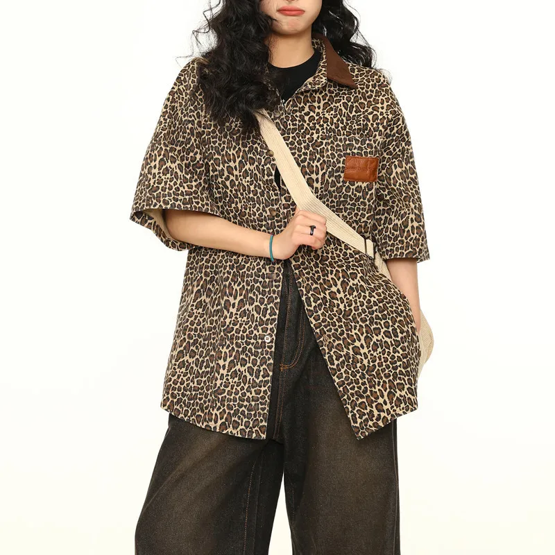 

American Vintage Leopard Print Polo Collar Design Sense Short-Sleeved Men And Women's New Summer Fashion Brand Fried Street Coat