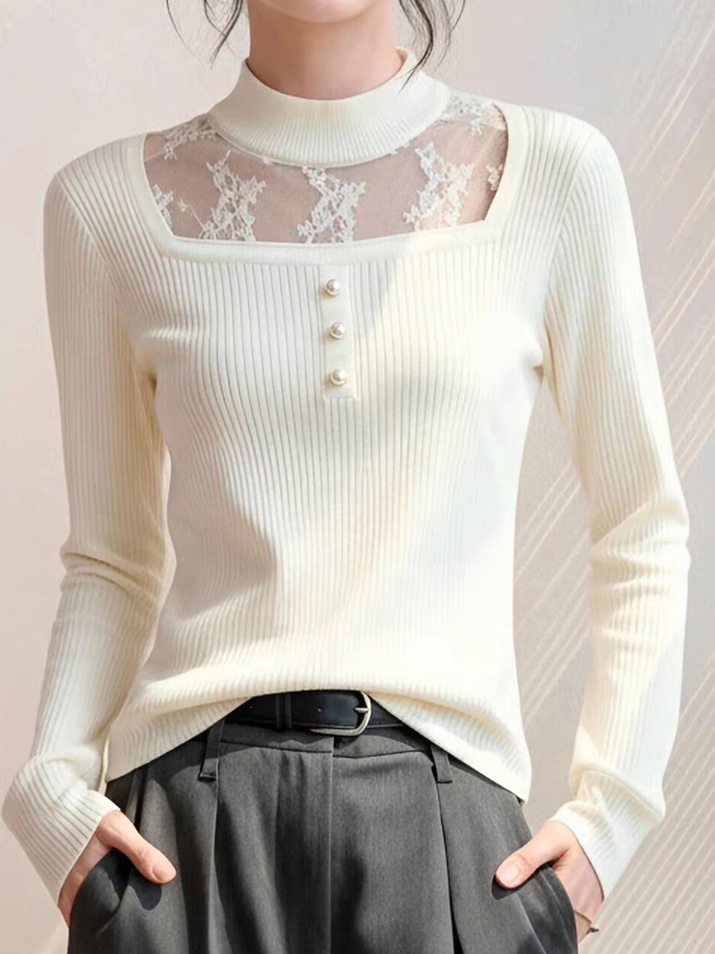 Miękki, wygodny sweter z dzianiny, długi rękaw, koronkowe wstawki, modny zimowy top, koreański styl, prosty krój, odzież wewnętrzna.