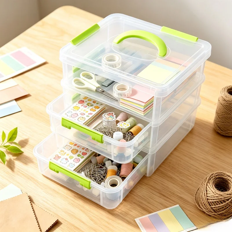 Portable 4-Layer Transparent Plastic Storage Box Covered Partition Drawer Organizer Building Blocks Toy Small Items Storage Case