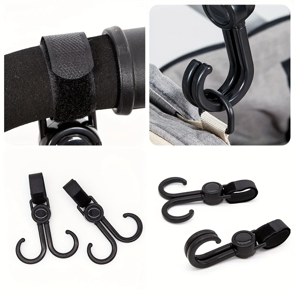 2pcs Double 360° Hook Baby Stroller Hanger 360-degree Rotation Adjustment Cart Hook and Loop Fastener Stroller Accessories