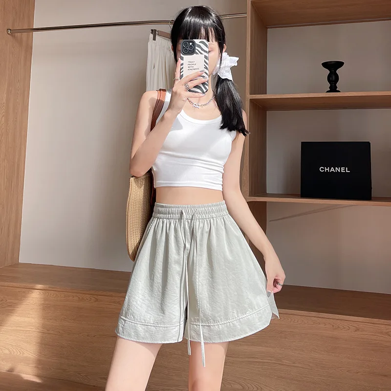 Gray Ice Silk Shorts for Women in Spring and Summer 2025 New Style for Wear American Casual Sports Quick-drying Pants