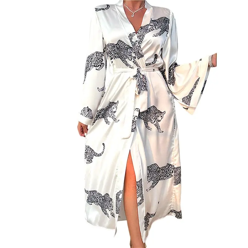 Women's V Neck Printed Long Sleeve Belted Long Loungewear Robe White Leopard S Eco-Friendly