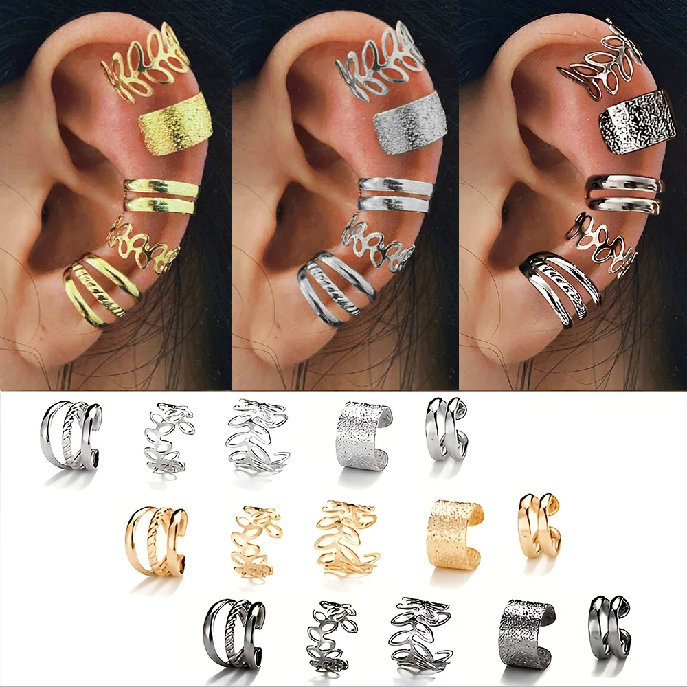 5-15pcs Simple Vintage Metal Clip Earrings Set for Women Teens Casual Hollow Leaf Fake Piercing Earring Jewelry Accessories Gift