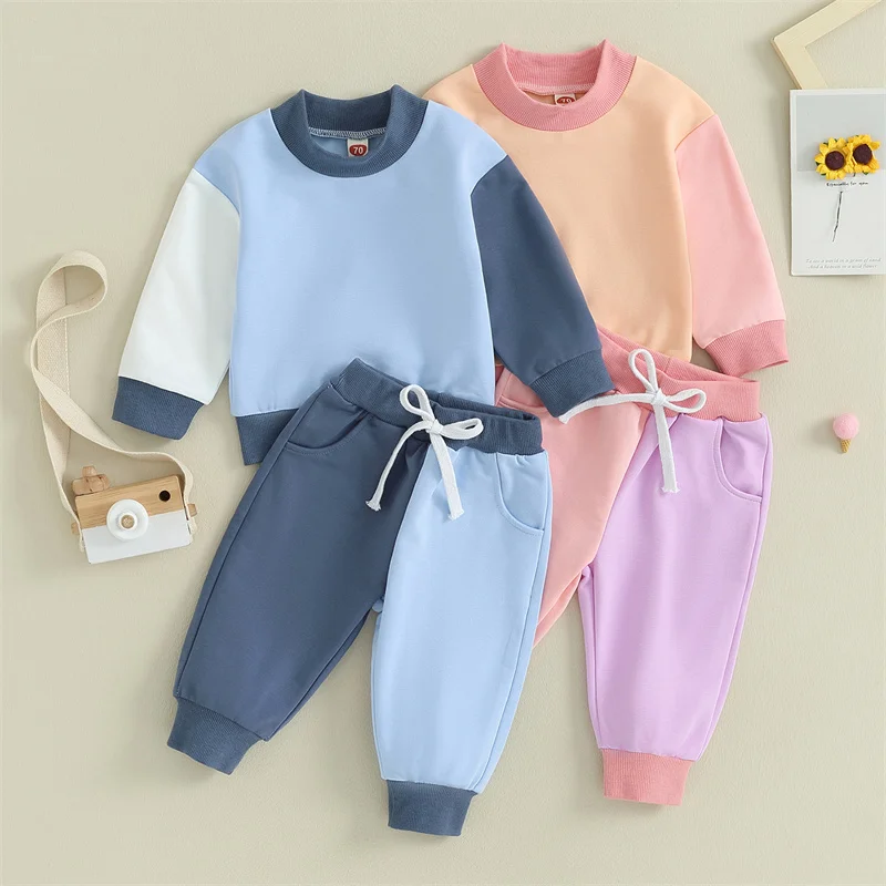 

Toddler Boys Girls Fall Spring Outfits Infant Contrast Color 2 Pieces Long Sleeve Sweatshirt Tops and Drawstring Waist Pants Set