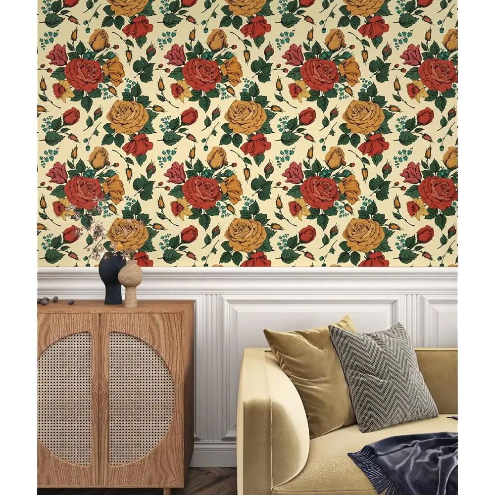 

Yellow/Red Rose Floral Peel And Sti Wallpaper Flower Self Adhesive Contact Paper Vintage Floral Wallpaper For Bedroom Living