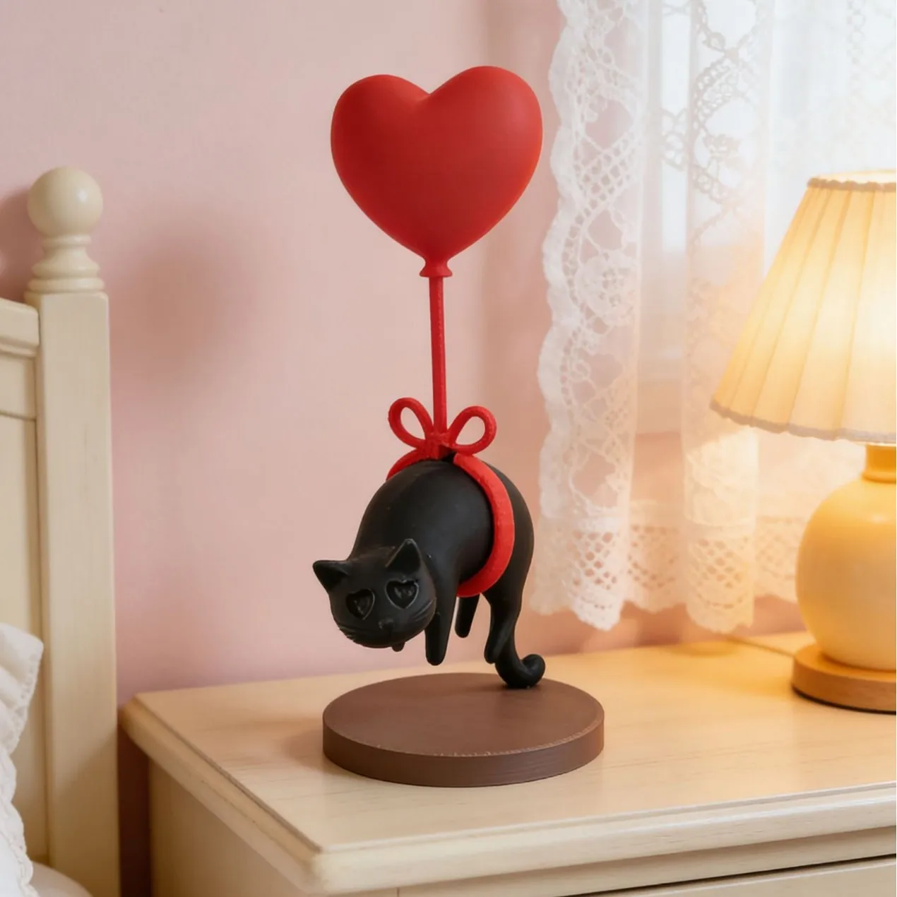 3D Printed Black Cat with Heart-Shaped Balloon for Creative Floating Desktop Ornament Home Decor or Valentine's Day Gift