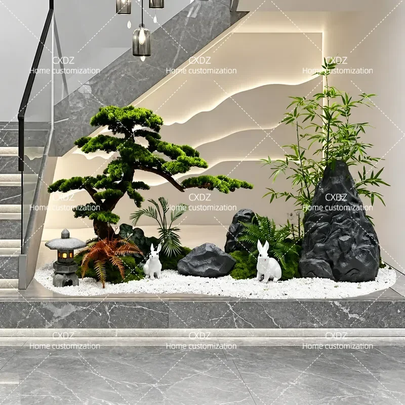 Simulation green plant potted villa staircase decoration welcome pine landscape Chinese custom design installation rockery