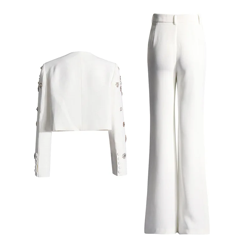 Brand Designer High Quality Beaded Diamonds Two Piece Women White Sets Jackets Suit Coats Long Pants Office Suits