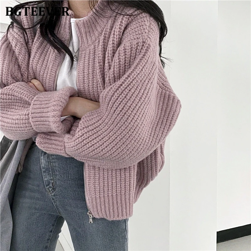 

BGTEEVER Casual Loose O-neck Ladies Knitted Cardigans Autumn Winter Warm Knitted Jackets Zippers Open Stitch Sweaters for Women