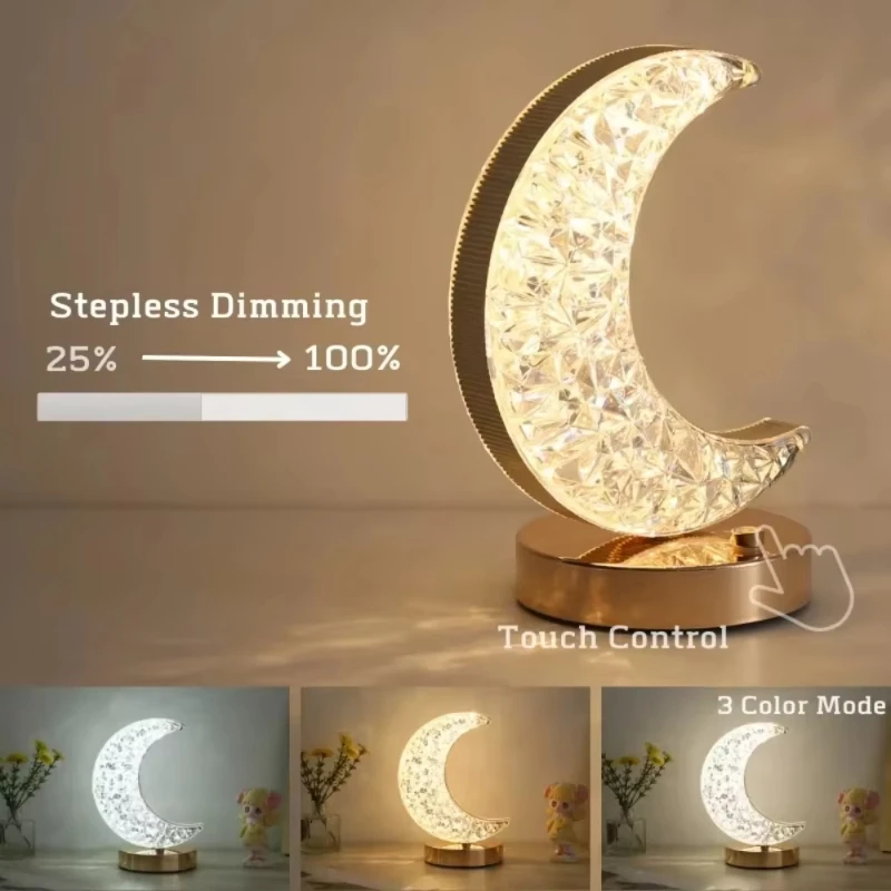 New Bedroom Crystal Touch Dimming Night Light Girls Room Home Decor Aesthetics USB Bedside LED Ambient Table 3d Moon Lamp