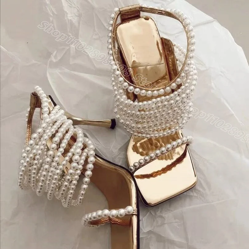 

Gold Pearl Slip on Stiletto Sandals Open Toe Personality Fashion British Style Party Dress Women Shoes 2024 Zapatos Para Mujere