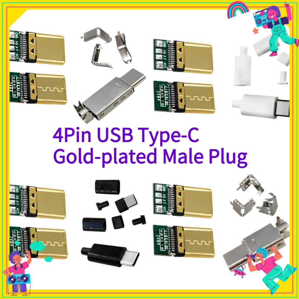 5 piezas, conector USB tipo C de 4 pines, macho, bañado en oro, para soldadura, piezas para línea de datos de carga, conector tipo C para teléfono