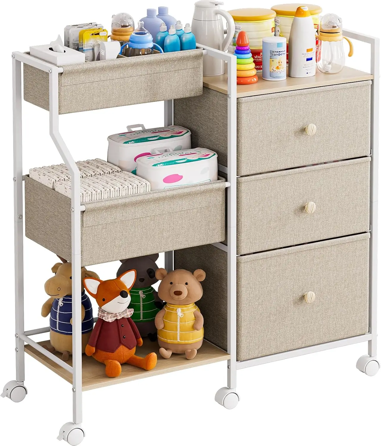 

3-Tier Rolling Baby Organizer Cart with Dividers & Drawers, Mobile Nursery Storage for Changing Table & Crib,Off White