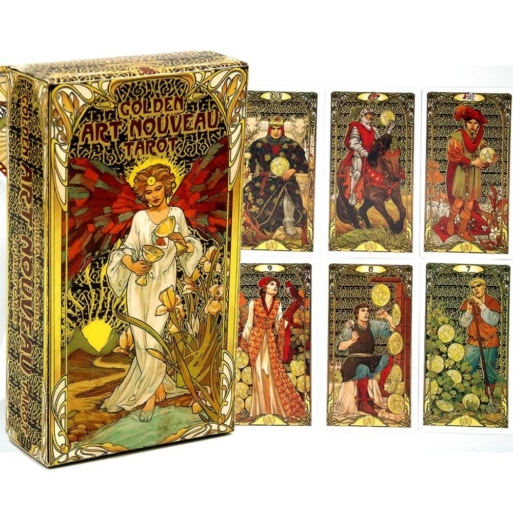 10,3 * 6 cm Golden Art Nouveau Tarot Deck 78 kart z przewodnikiem Karty Okultystyczne wróżby Zestawy książek dla początkujących Klasyczna sztuka