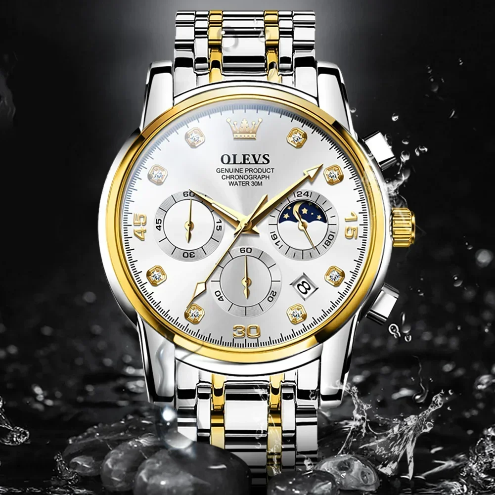 OLEVS 2889 relojes de cuarzo para hombre fase lunar resistente al agua reloj de hombre de acero inoxidable cronógrafo de negocios clásico reloj de pulsera luminoso