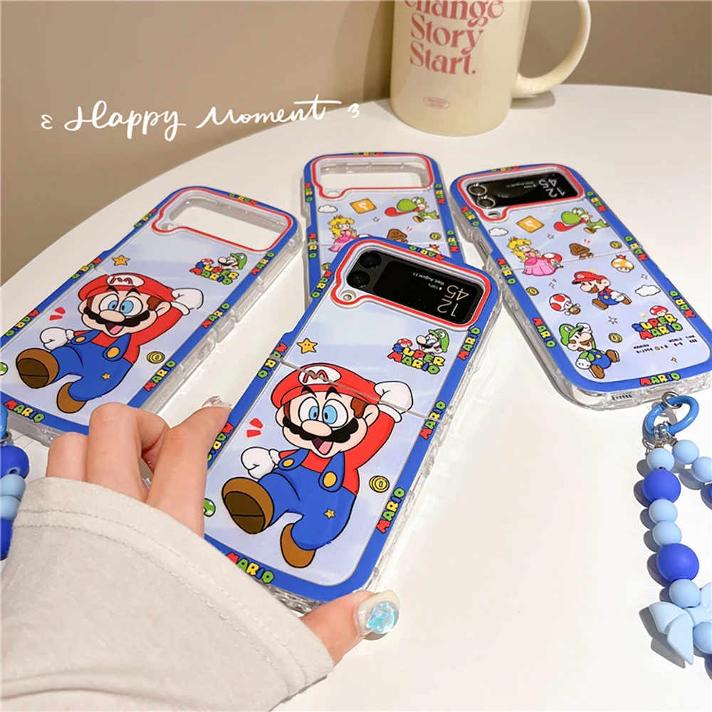 Cartoon Cute Marios with Bracelet Phone Case for Samsung Galaxy Z Flip 3 4 Z Flip 5 6 5G PC Hard Anti-drop Back Cover Funda Gift