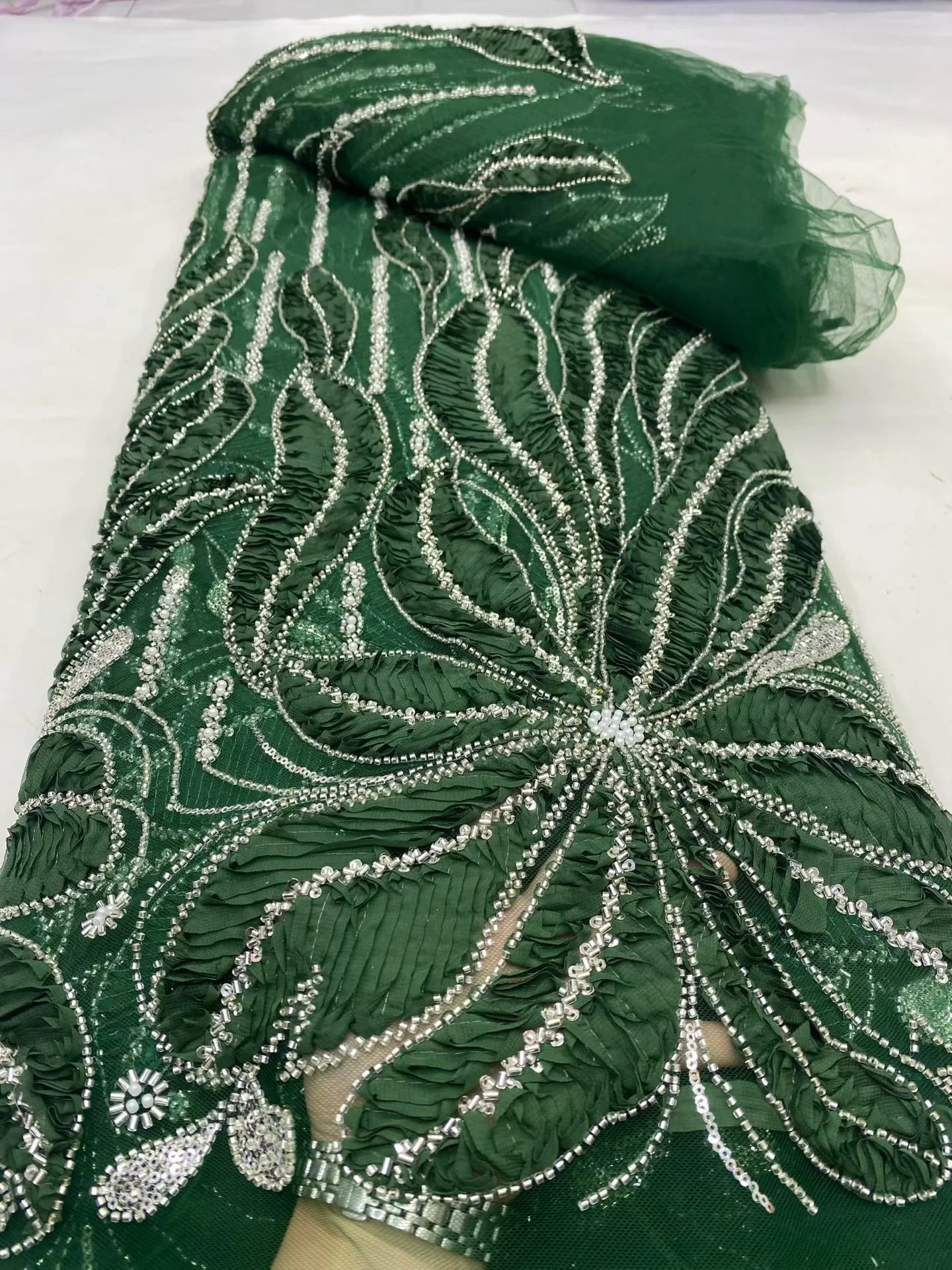 

African Nigerian Sequins Embroidery Tulle Lace Fabric High Quality Beads Stone Prom Dresses Sewing Guipure 5 Yards DP0483 2025