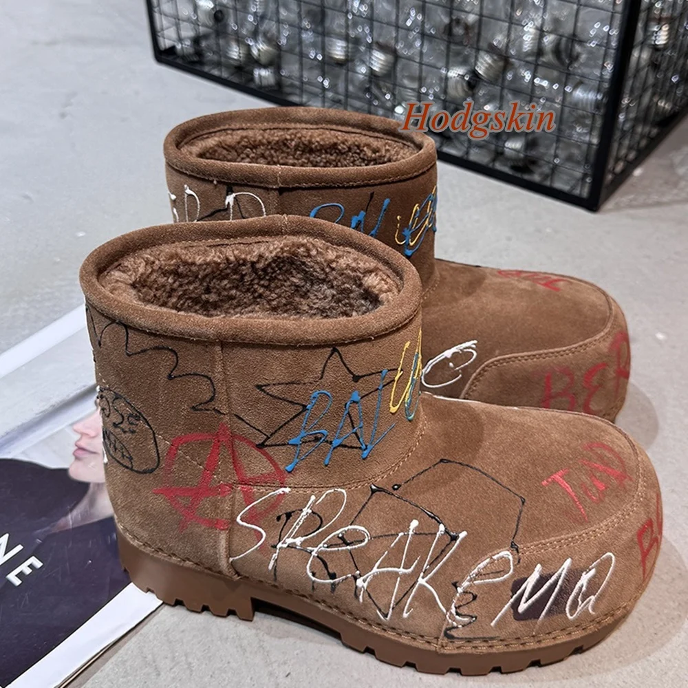 

Mid Calf Slip On Flat with Solid Women Boots Patchwork Graffiti Round Toe Boots 2025 Newest Winter Fashion Casual Snow Boots