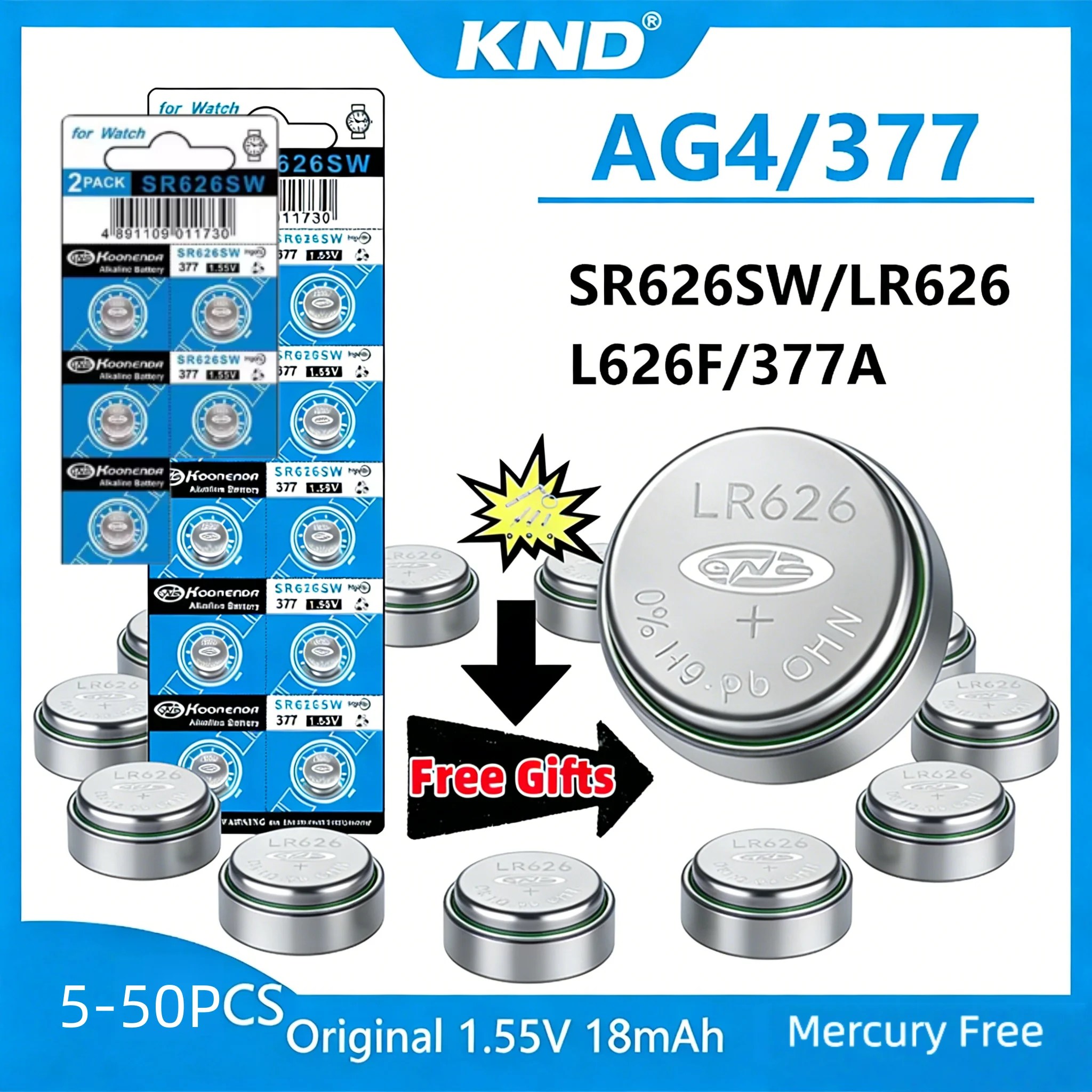 

5-50Pcs Alkaline AG4 Batteries 1.5V SR626SW 377A Bulk Long Shelf Life Button Cells for Small Flashlight Electronic Games LR626