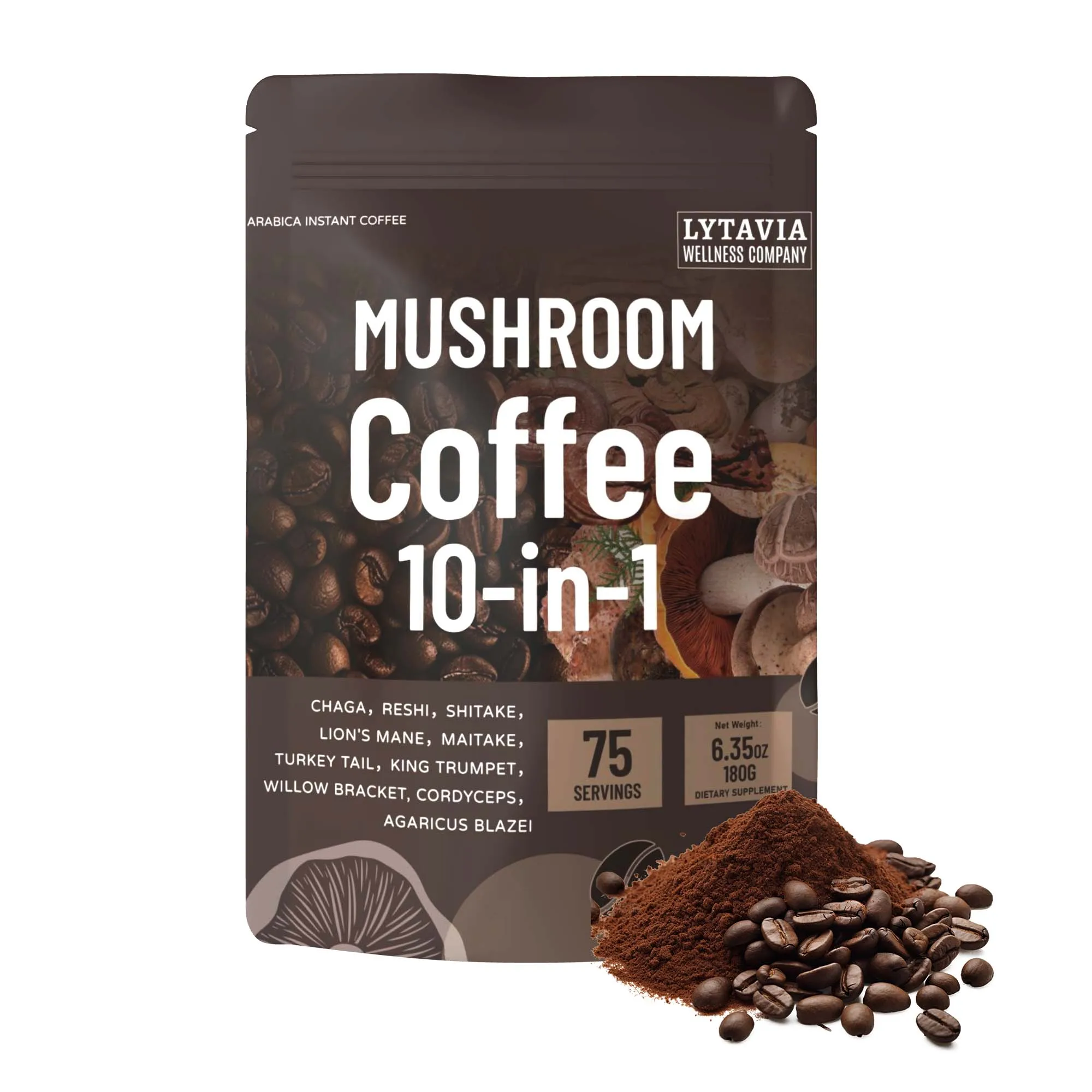 Café en hongos con 10 setas adaptógenas y aceite MCT, café instantáneo cultivado en EE. UU., con cola de pavo, Shiitake, crina de león