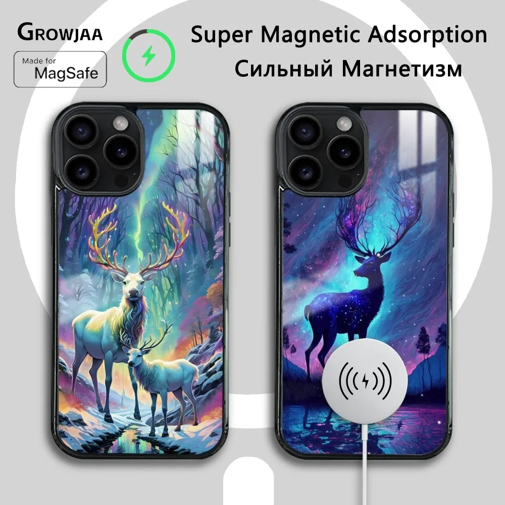 

Auroral Starry Sky Deer Phone Case For iPhone 16 15 14 13 12 11 Pro Max Plus Mini Magsafe Mirror Wireless Magnetic Cover