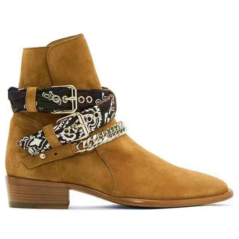 

Men's Western Ankle Boots Bandana Print Straps with Buckles and Chain Detail Block Heel Pointed-Toe Booties Bohemian Footwear