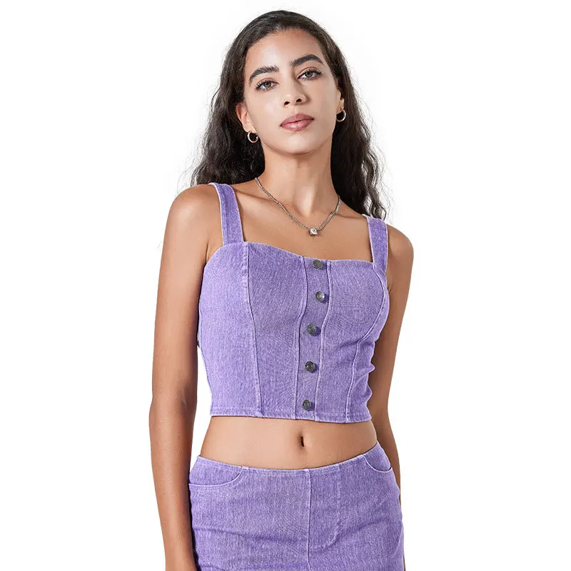 

Spring Summer New Denim Yoga Sports Top Women High Elastic Slim Fit Tank Top with Chest Pad Fitn Outdoor Wear Vest