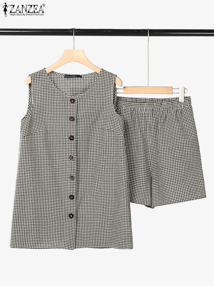 ZANZEA إمرأة عادية القماش القطني 2 قطعة مجموعات س الرقبة بلوزات بلا اكمام مرونة الخصر السراويل 2 قطعة وتتسابق خمر ملابس يوم مجموعات قصيرة