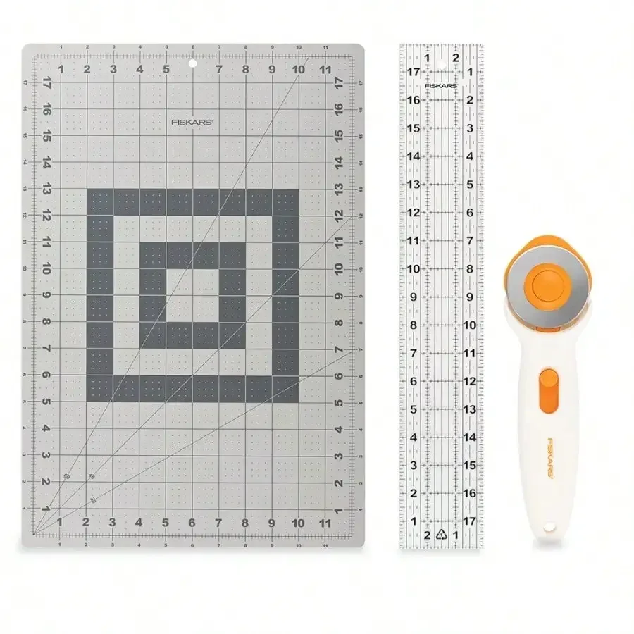 

3-Piece Fabric Cutting Set: Rotary Cutter, Cutting Mat & Sewing Ruler for Quilting, Crafting & DIY Projects, White & Gray