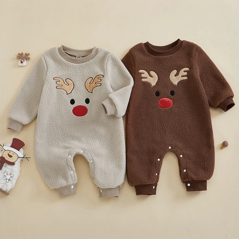 Infant Baby Boy Girl Furry Romper Costume Outfit Newborn Elk Embroidery Jumpsuit Romper My First Christmas Clothes