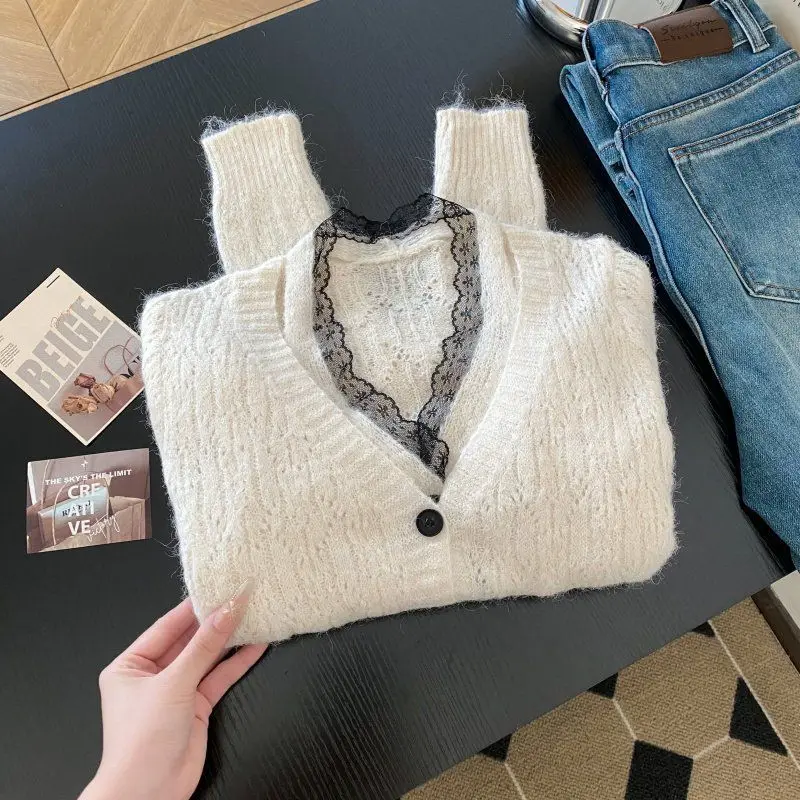 Dames gebroken wit V-hals kant patchwork mohair vest trui vintage jaren 2000 Y2k gebreide kleding lange mouwen kasjmier trui herfst