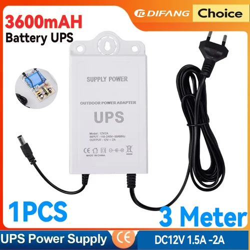 Adaptador de corriente de 12V CC, extensión de 3 metros, adaptador de corriente impermeable para uso en exteriores para CCTV, UPS, corte de energía, batería de 3600mAh, alimentación UPS