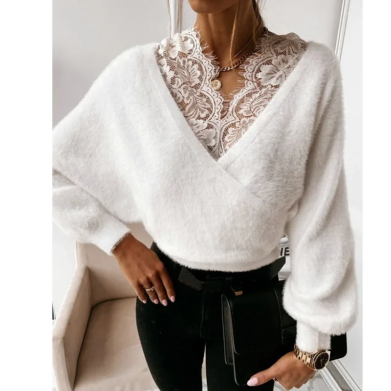 Fashion Sexy V-neck Lace Patchwork Plush Long Sleeve Top Sexy Women's Solid Color Lace Sling Flannel Long Sleeve Top