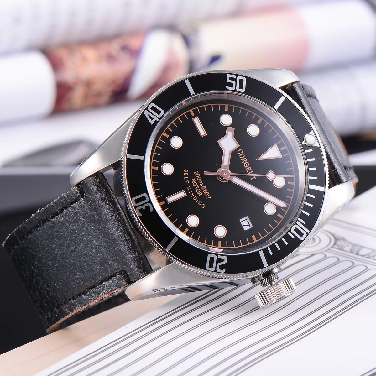 Corgeut Military Schwarz Bay Men NH35 Movemet Automatic Luxury Brand Sport Swim Clock Leather Mechanical Wrist Watches