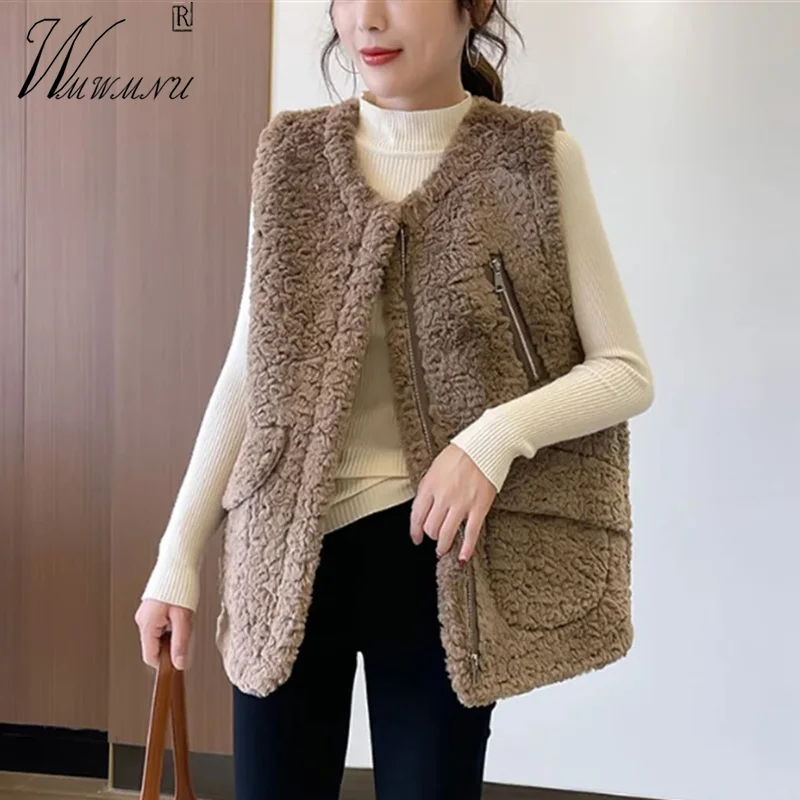 

High Street Faux Fur Women Vest Oversize 85kg Zipper Sleeveless Lambswool Jacket Winter Warm Teddy Chalecos Short Warm Waistcoat