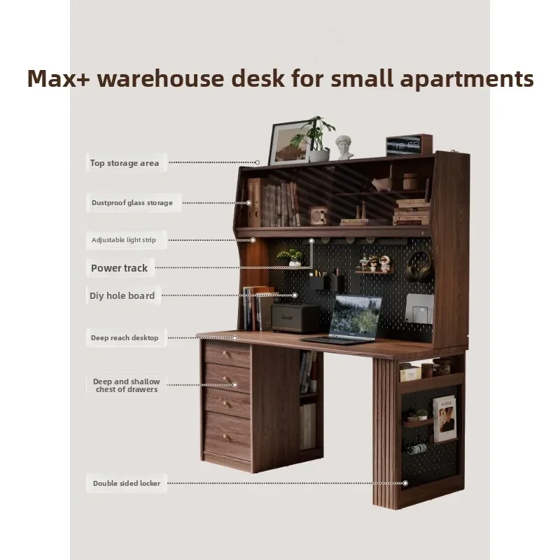 Solid wood desk bookshelf integrated, desk against wall bookcase study small apartment office learning storage double