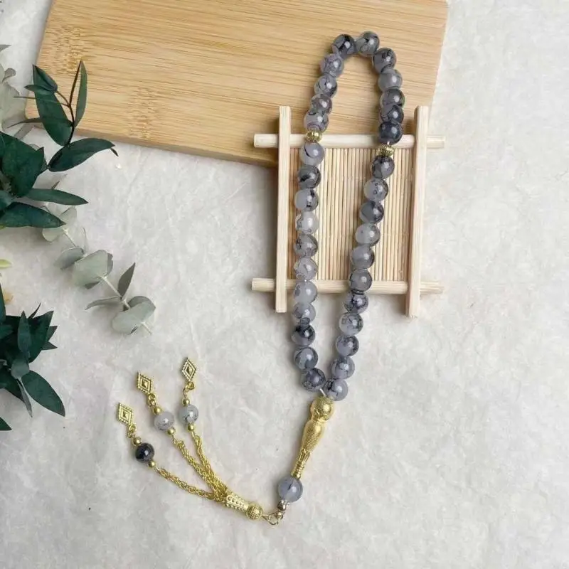  Reflective Black Glass 33 Bead Tasbih Bracelet for Islamic Prayer and Mindfulness