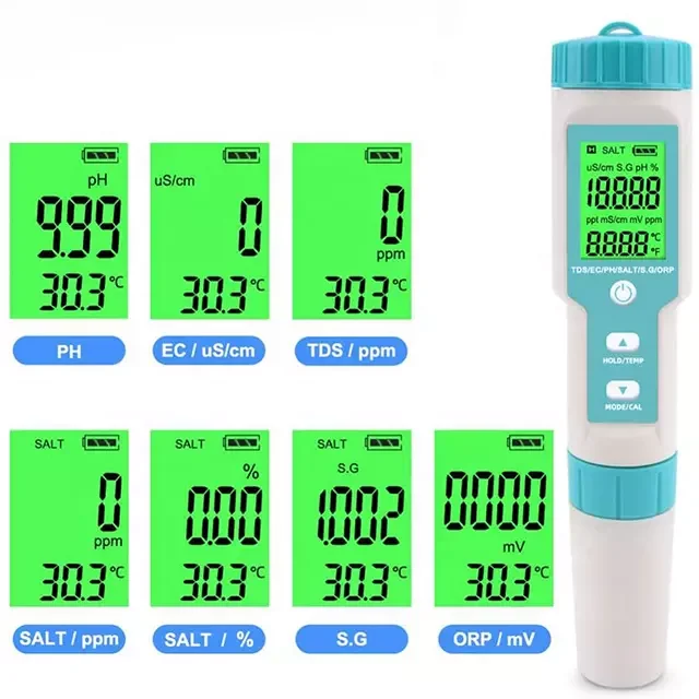 7 in 1ph/ec/tds/orp/salinity/sg/temp Meter for Lab,aquarium Drinking Water with Backlight with ORP Solution