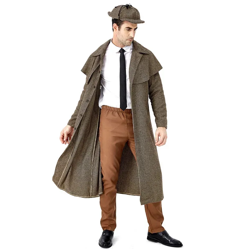 Halloween Men's Film Role: Detective Sherlock Plays Costume: British Plaid High Neck Coat Carnival Birthday Ball Cosplay Costume