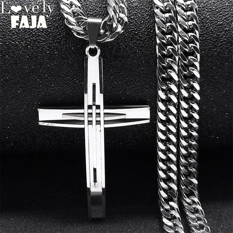 Luxury Men's Cross Necklace Male Faith Stainless Steel Silver Color Pendant Necklaces Hip Hop Party Jewelry Accessories NXS03