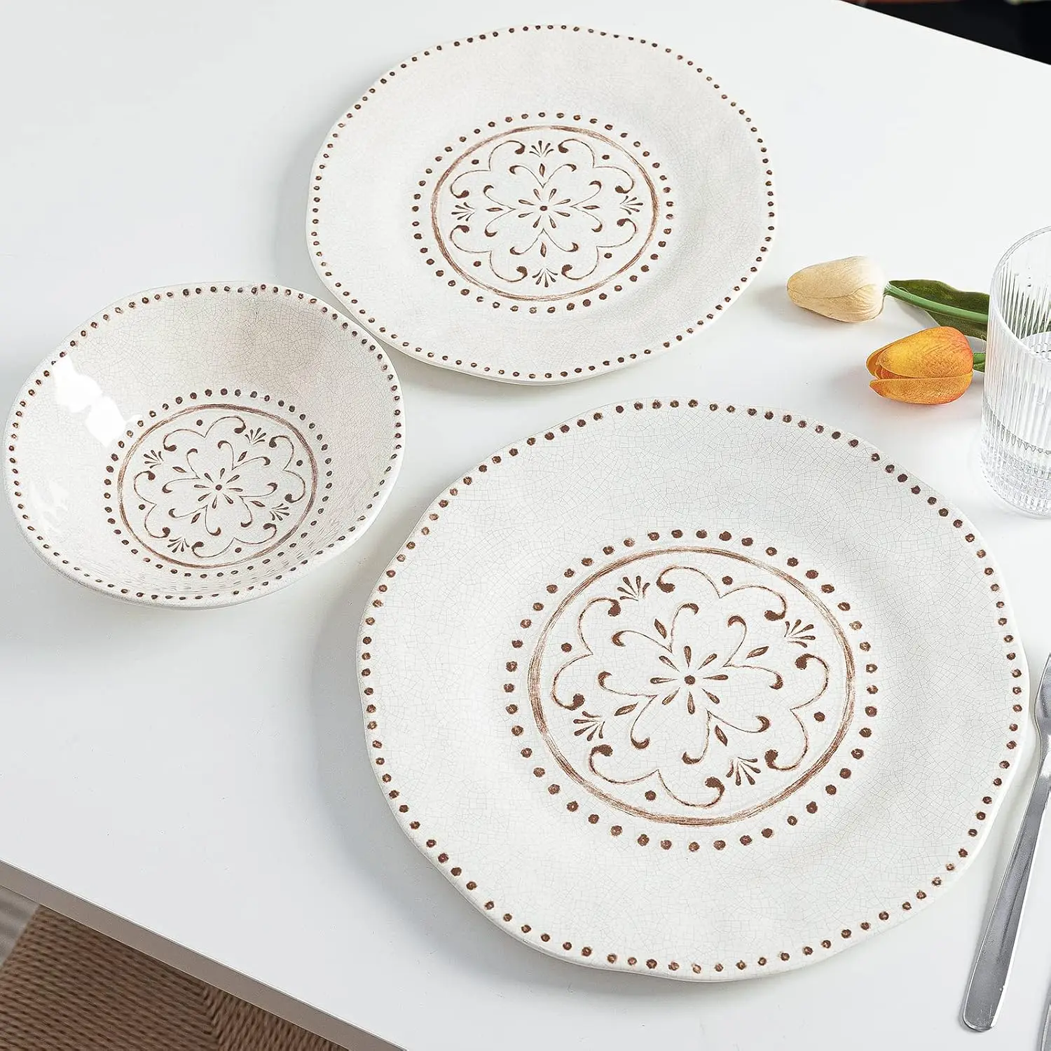 

Beaded Crackle 12 Piece Melamine Camping Dinnerware Set, Plates and Bowls Sets, Indoor and Outdoor Use, Break-Resistant Rustic R