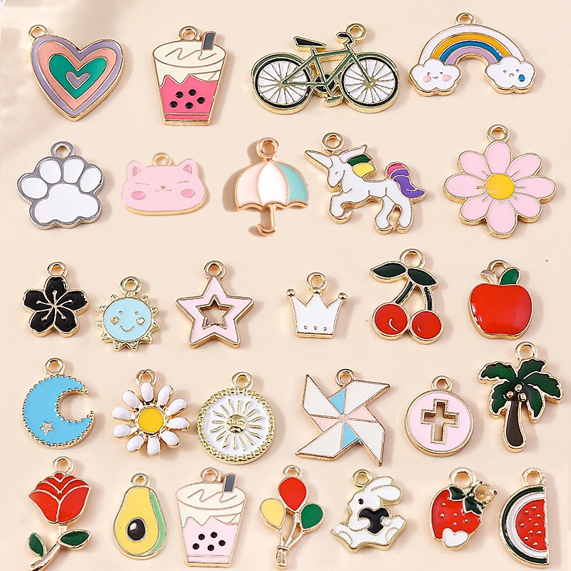 Leslie 10pcs Girls Cute Charms Bicycle Balloon Unicorn Moon Star Flower Rainbow Pendants for Earrings Bracelets DIY Jewelry