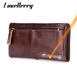 2022 New Long Men Wallets Name Engraving Zipper Male Purses 100% Genuine Leather Vintage Quality Coin Pocket Mens Clutch Wallet