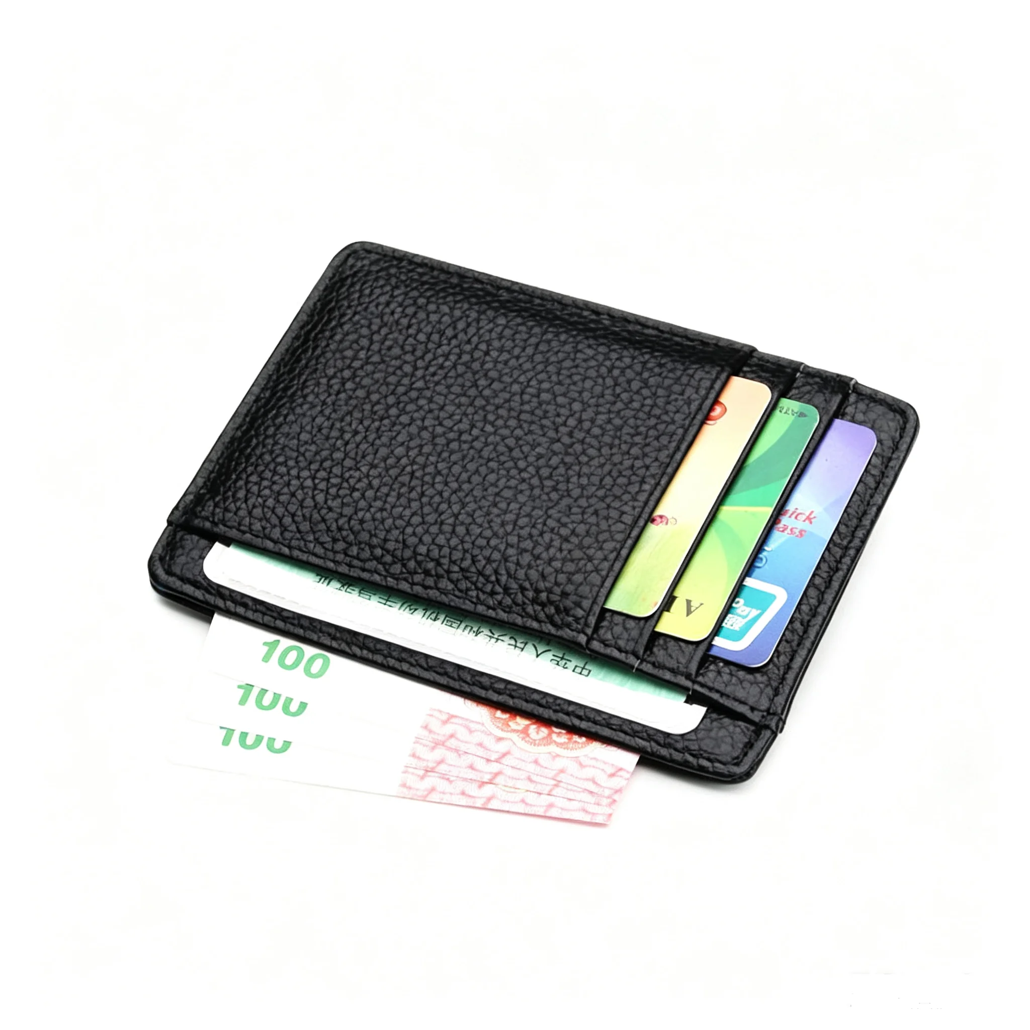 Top Layer Cowhide Card Holder Men Slim Leather Wallet 6 Slots 2 ID Slots Money Clip Minimalist Driving License Case Black