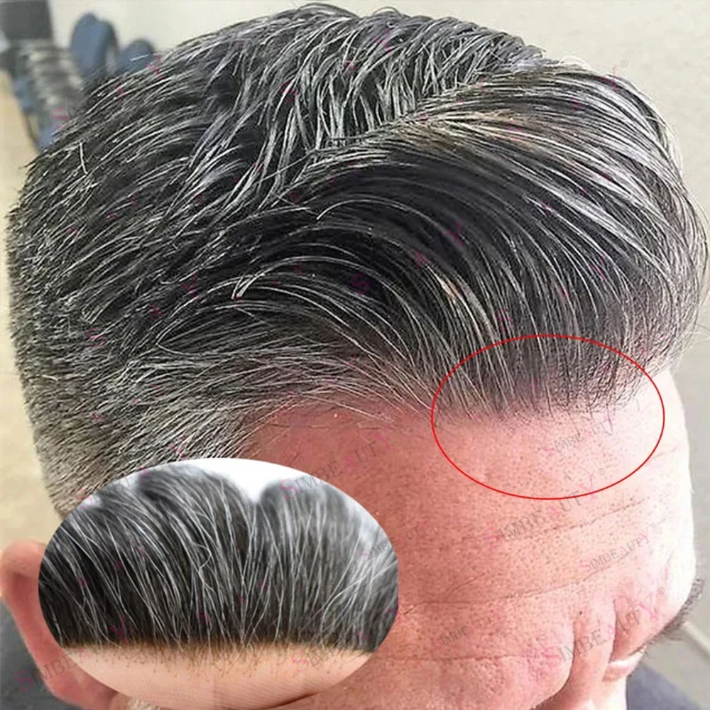 Stocked 0.06mm V looped Full Skin Thin Base Natural Hairline Men Toupee 1B40/1B65 Grey Human Hair Prosthesis System Male Wigs